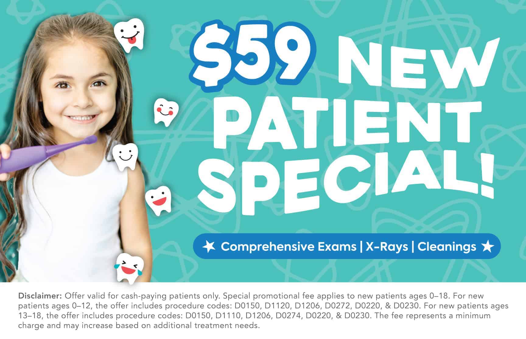 Dental promotional banner: a smiling young girl with a toothbrush and bold ' NEW PATIENT SPECIAL' text on a teal background.